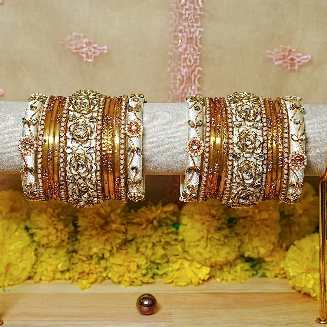 Traditional Handmade Thread Work Glass Bangles Set for Women (Both Hands) - The Golden Cascade